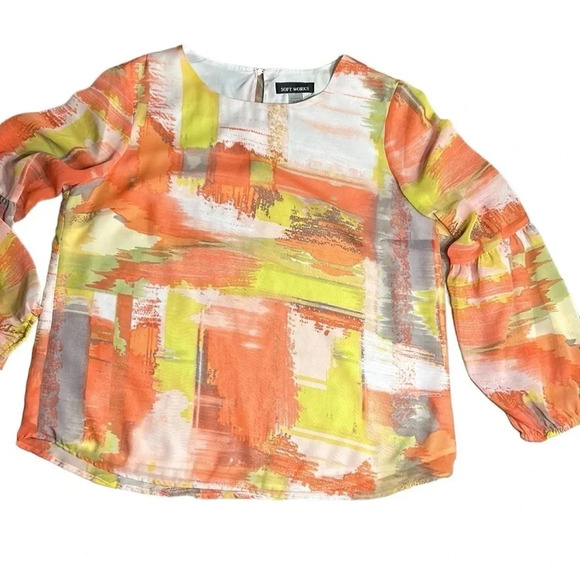 Soft Works 🇨🇦 balloon sleeve blouse,sz LARGE boho ,Multicolor,artsy,semi sheer - Picture 7 of 13